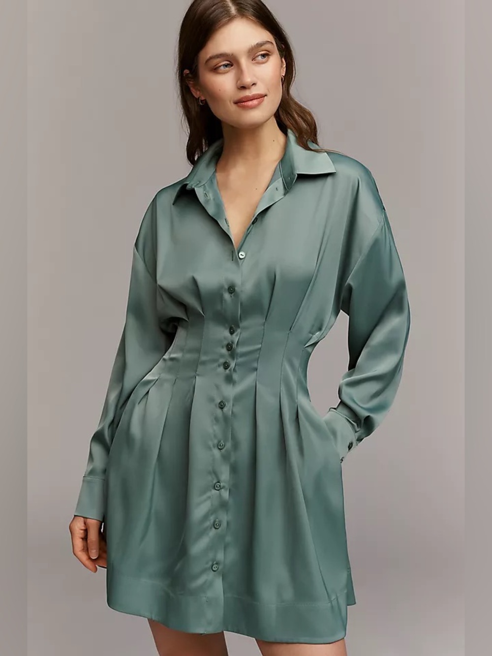 NWT new large Anthropologie exquise Tobie long sleeve satin shirt dress green